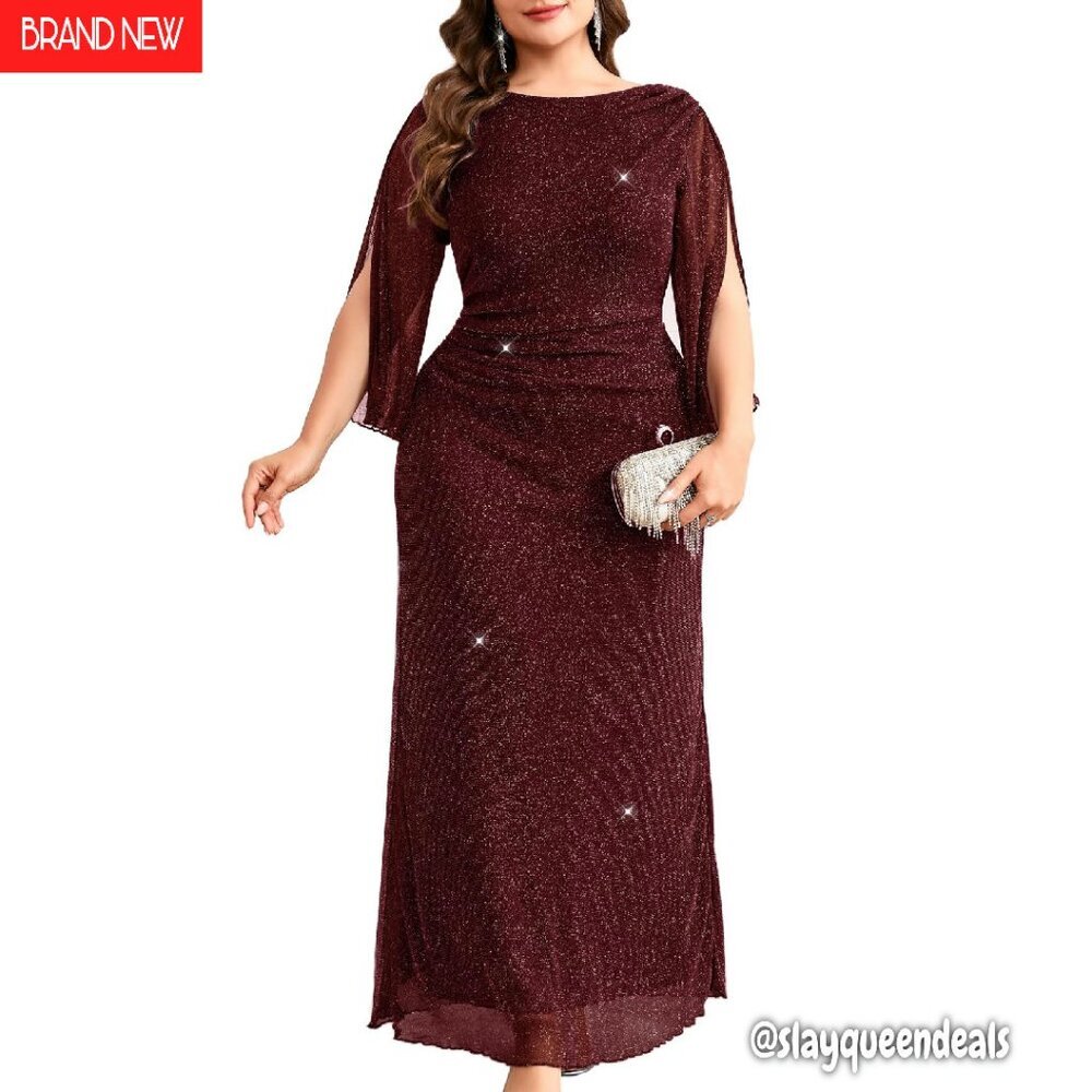 Plus Size Sparkly Evening Dress Petal Sleeve V-Back Ruched Maxi Gown